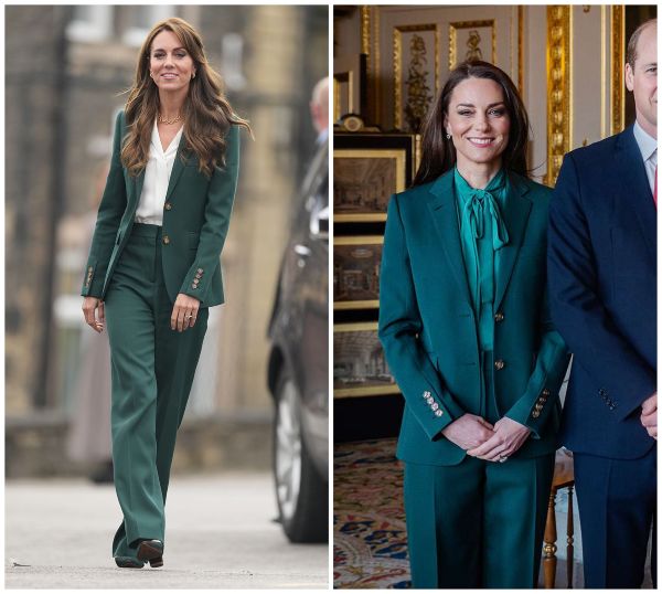 Kate brought back out her green suit by Burberry while visiting textiles