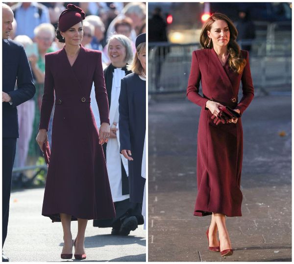 Princess rewore a burgundy coat dress by Eponine London 2022 and 2023