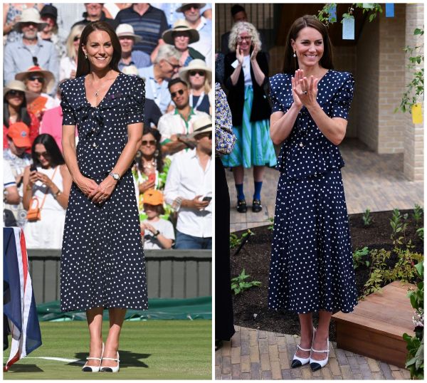 The Princess of Wales first wore this classic navy polka dot dress by Alessandra Rich 2022 and 2023