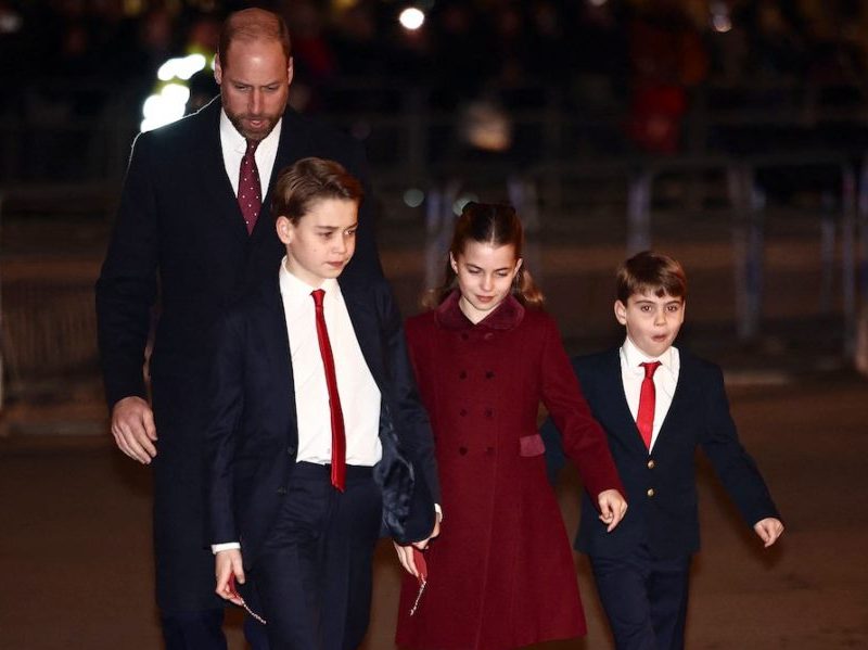 George, Charlotte And Louis Arrive At Kate's 2024 Christmas Carol Concert