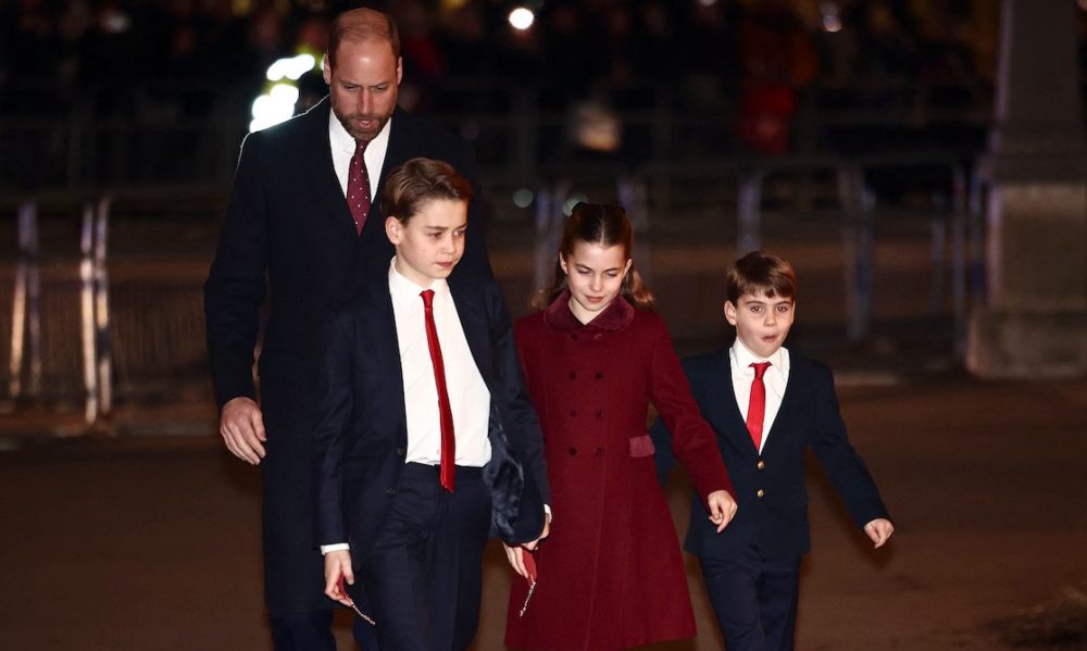 George, Charlotte And Louis Arrive At Kate's 2024 Christmas Carol Concert