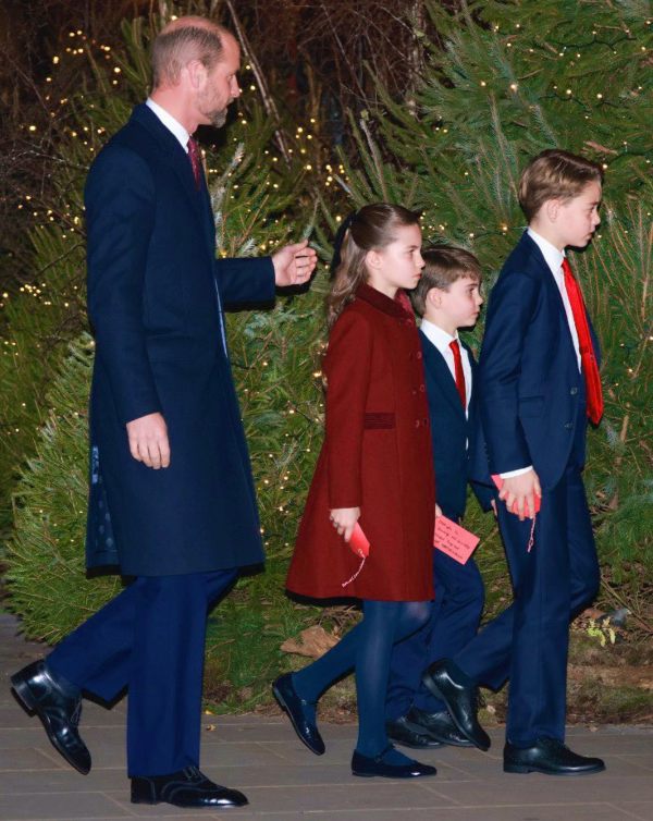 George, Charlotte And Louis Arrive At Kate's 2024 Christmas Carol Concert