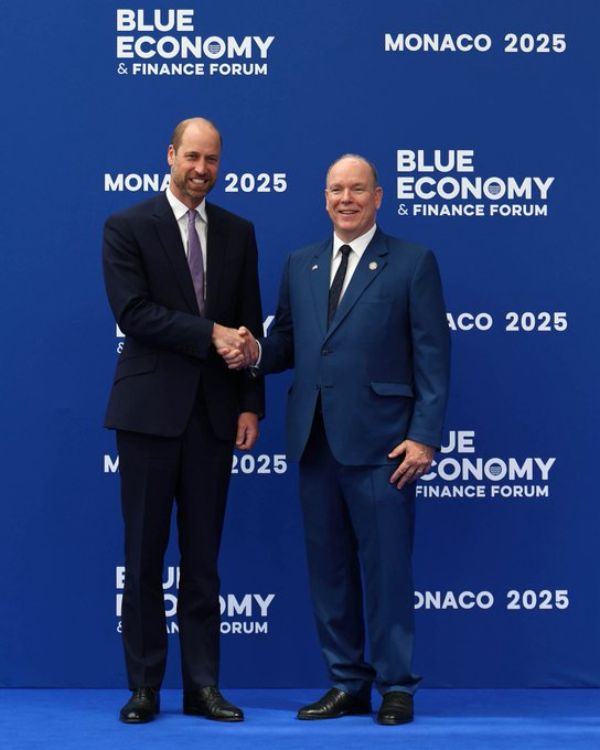The Prince of Wales was greeted by Prince Albert II, at the start of the Blue Economy and Fin