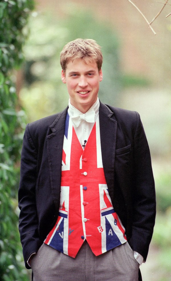 Prince William dressed as a prefect, with a union jack waistcoat at Eton in June 2000